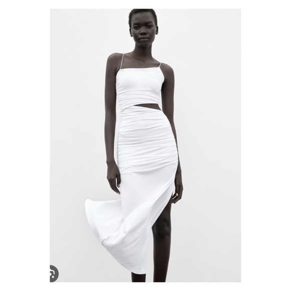 ZARA White Fitted Asymmetric Cutout Bodycon Midi Dress Medium Blogger Fa… - Picture 2 of 6